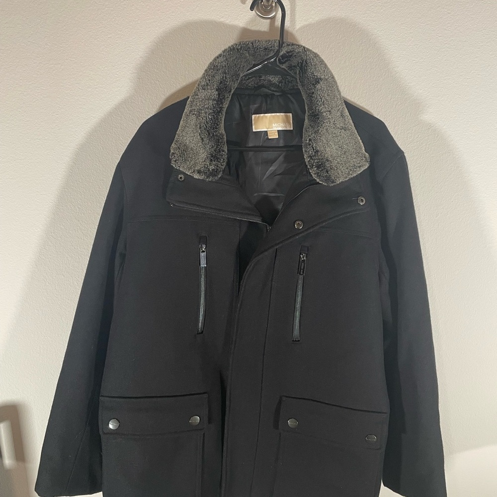 MICHAEL Kors Mens XLarge Wool Blend Black Jacket with Fur Collar